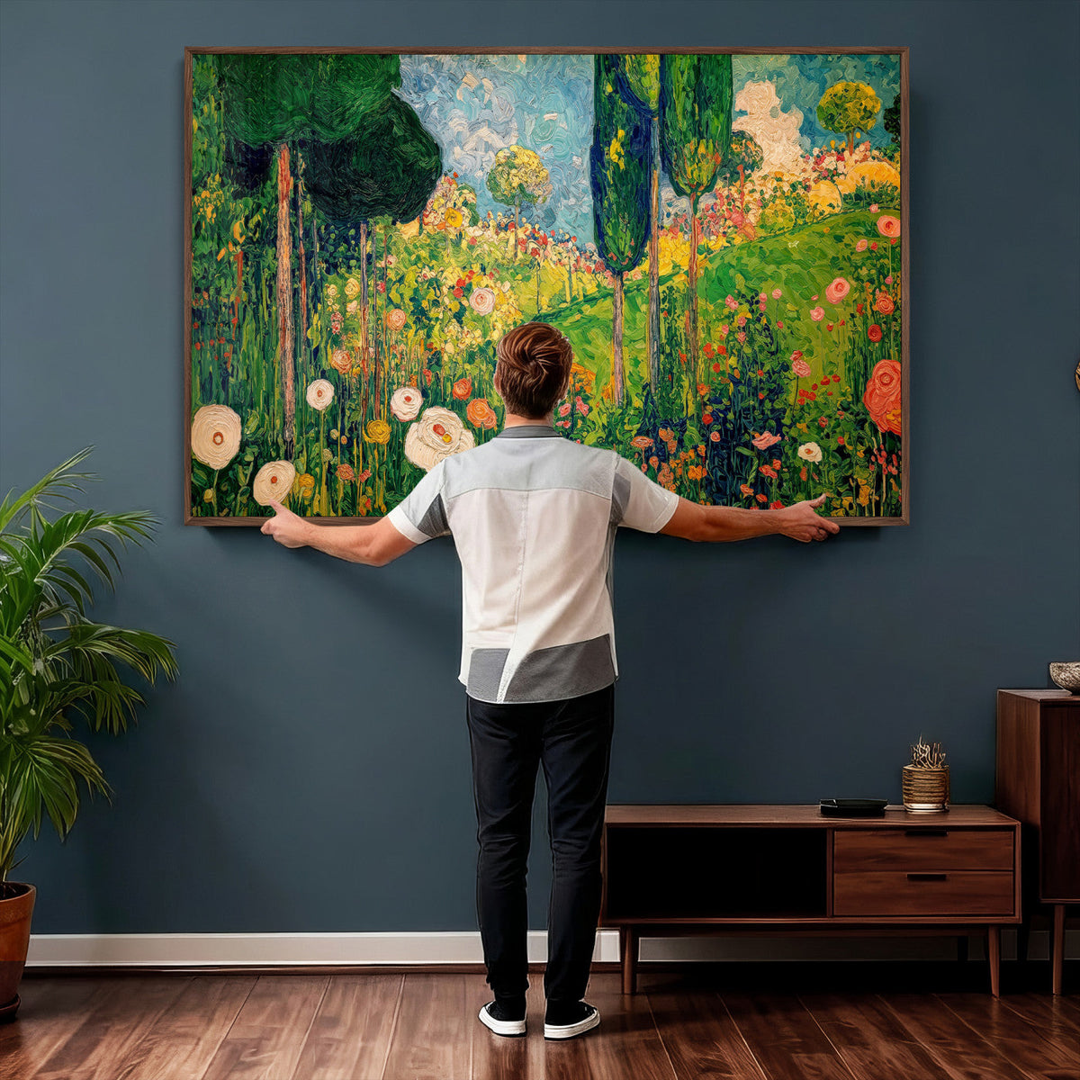 Gustav Klimt Boho Mountain Landscape Large Wall Art, Gold Sun and Flowers Print