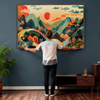 Yayoi Kusama Boho Mountain Landscape Large Wall Art, Gold Sun and Flowers Print