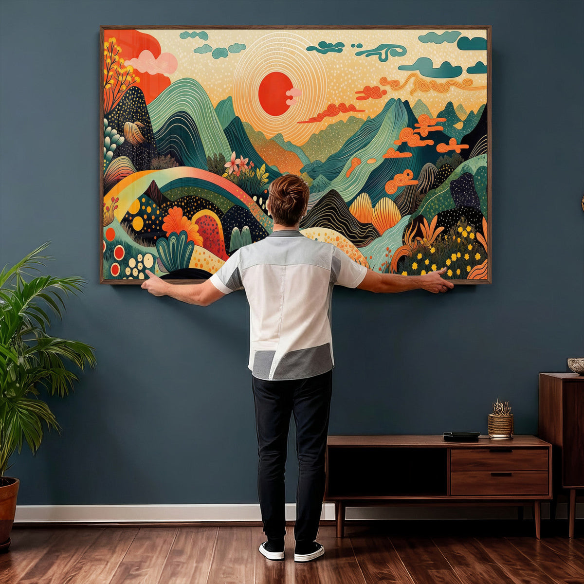 Yayoi Kusama Boho Mountain Landscape Large Wall Art, Gold Sun and Flowers Print