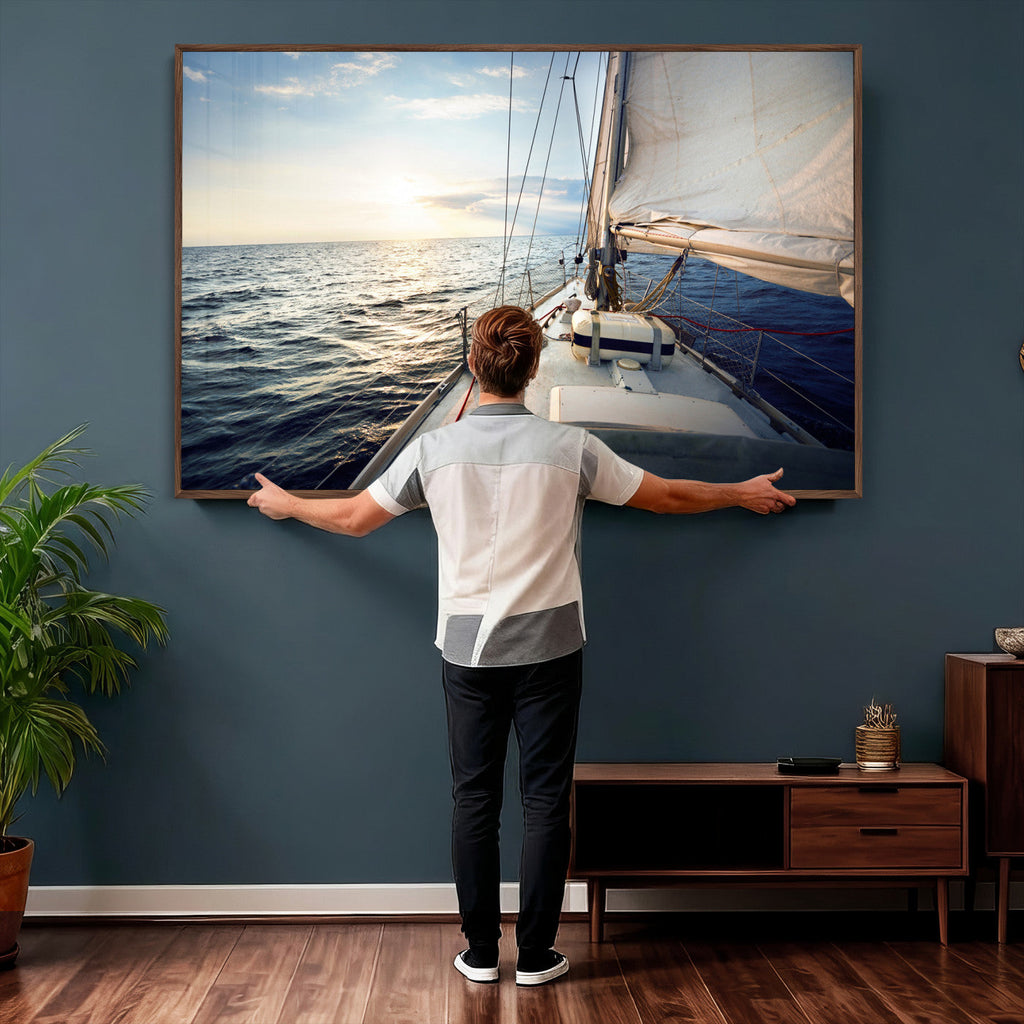 Sailboat Wall Art Canvas Print, Ocean Sunset Sailing Framed Artwork
