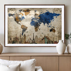 World Map Canvas Print | Vintage Blue and Gold World Map Wall Art