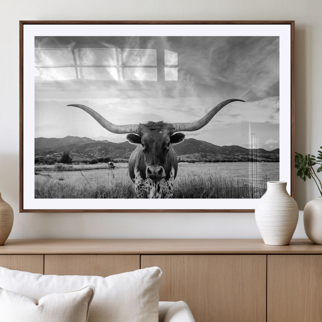 Longhorn Black and White Wall Art | Rustic Western Bull Canvas Print