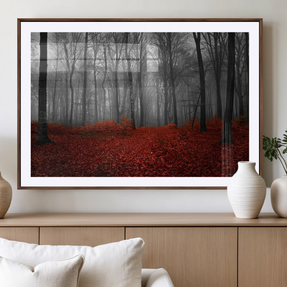 Red Forest Floor Canvas Wall Art | Mystical Foggy Woodland Triptych