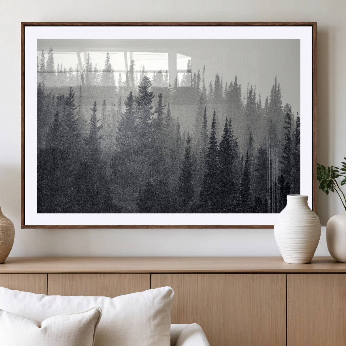 Misty Forest Canvas Wall Art | Monochrome Triptych Pine Tree Print