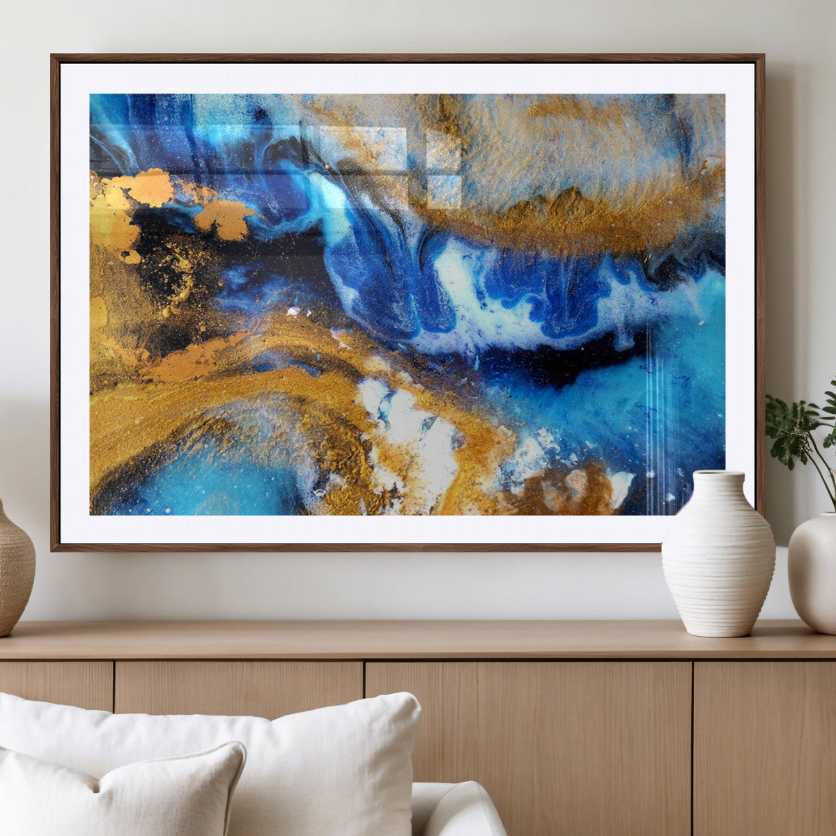 Blue Orange Marble Fluid Effect Canvas Wall Art Print