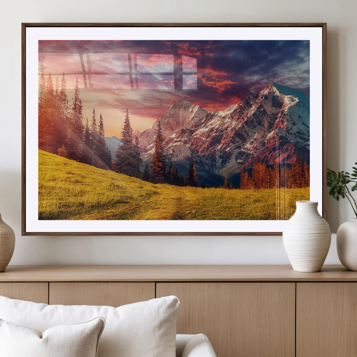 Mountain and Daylight Red Sunset Wall Art Canvas Print