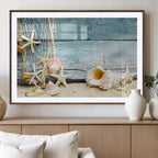 Seashells on Rustic Wooden Background, Seashells Wall Art