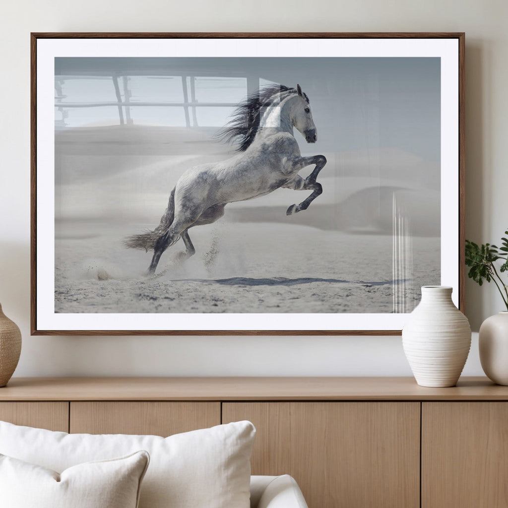 Prancing Horse Desert Large Wall Art Canvas Print, Majestic Horse Animal Artwork