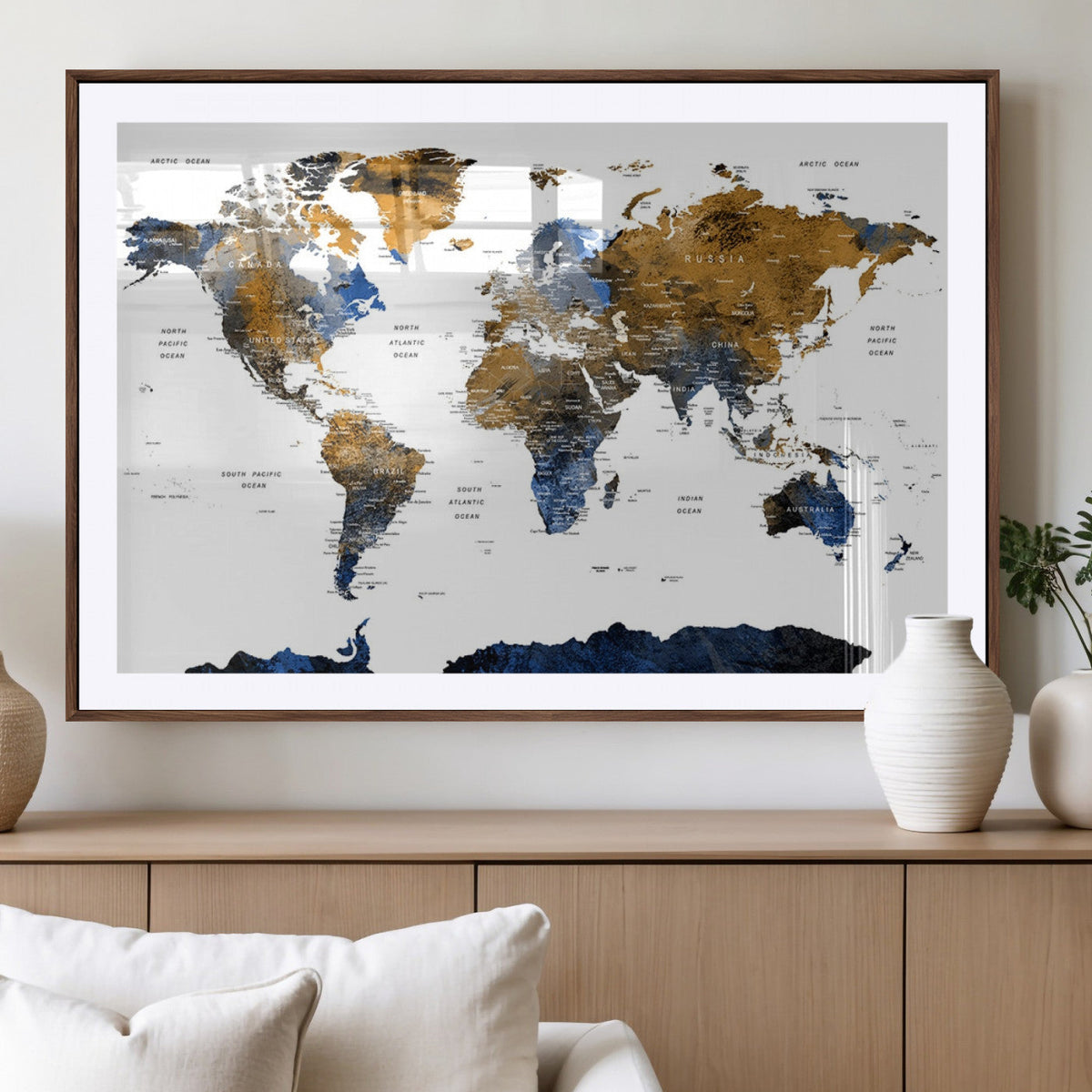 Modern Abstract World Map Canvas Wall Art | Framed Blue and Gold Map Print