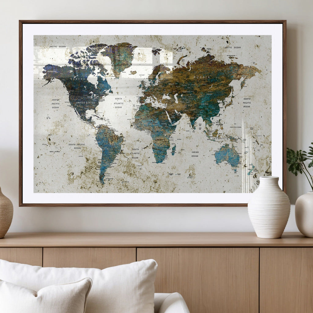Vintage World Map Wall Art Canvas Print, Framed Rustic Earth Tone Map