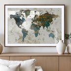 Vintage World Map Wall Art Canvas Print, Framed Rustic Earth Tone Map