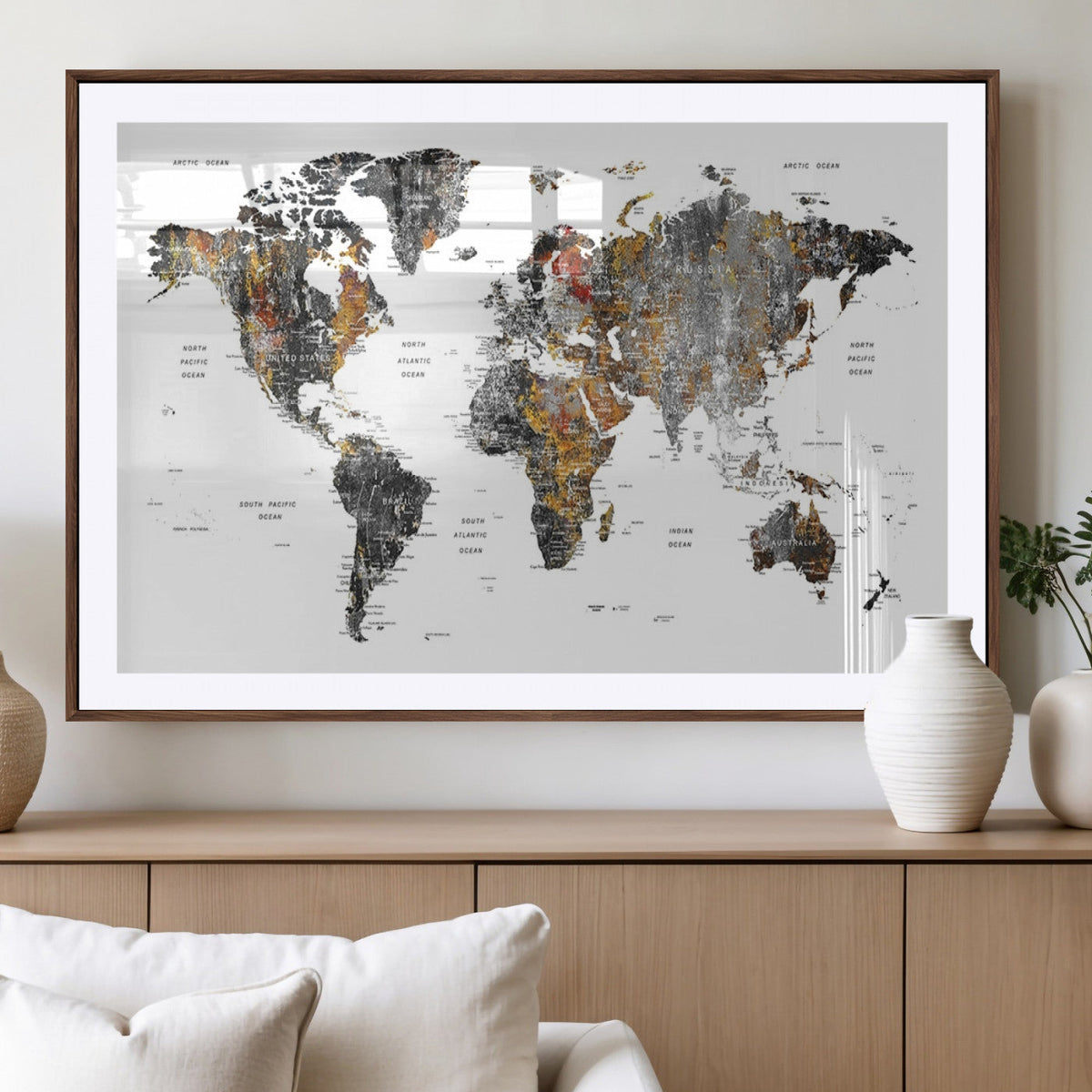 Modern Metallic World Map Canvas Wall Art | Framed Contemporary World Map Print