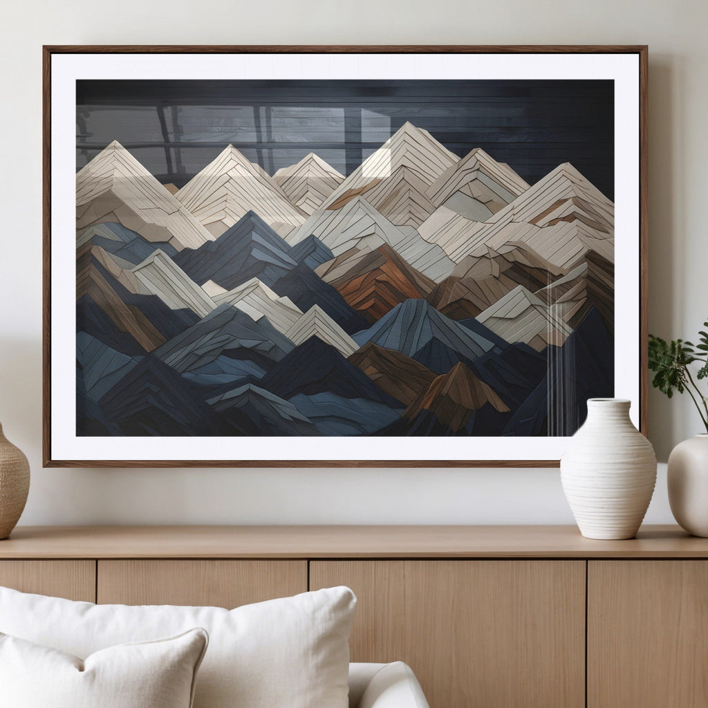 Rustic Mountain Landscape Wall Art Canvas Print, Framed 3D Wooden Effect Mountain Art