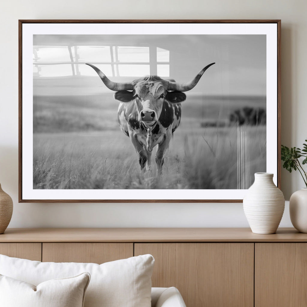 Texas Cow Longhorn Wall Art Canvas Print for Farm House Wall Art, Framed and Ready to Hang
