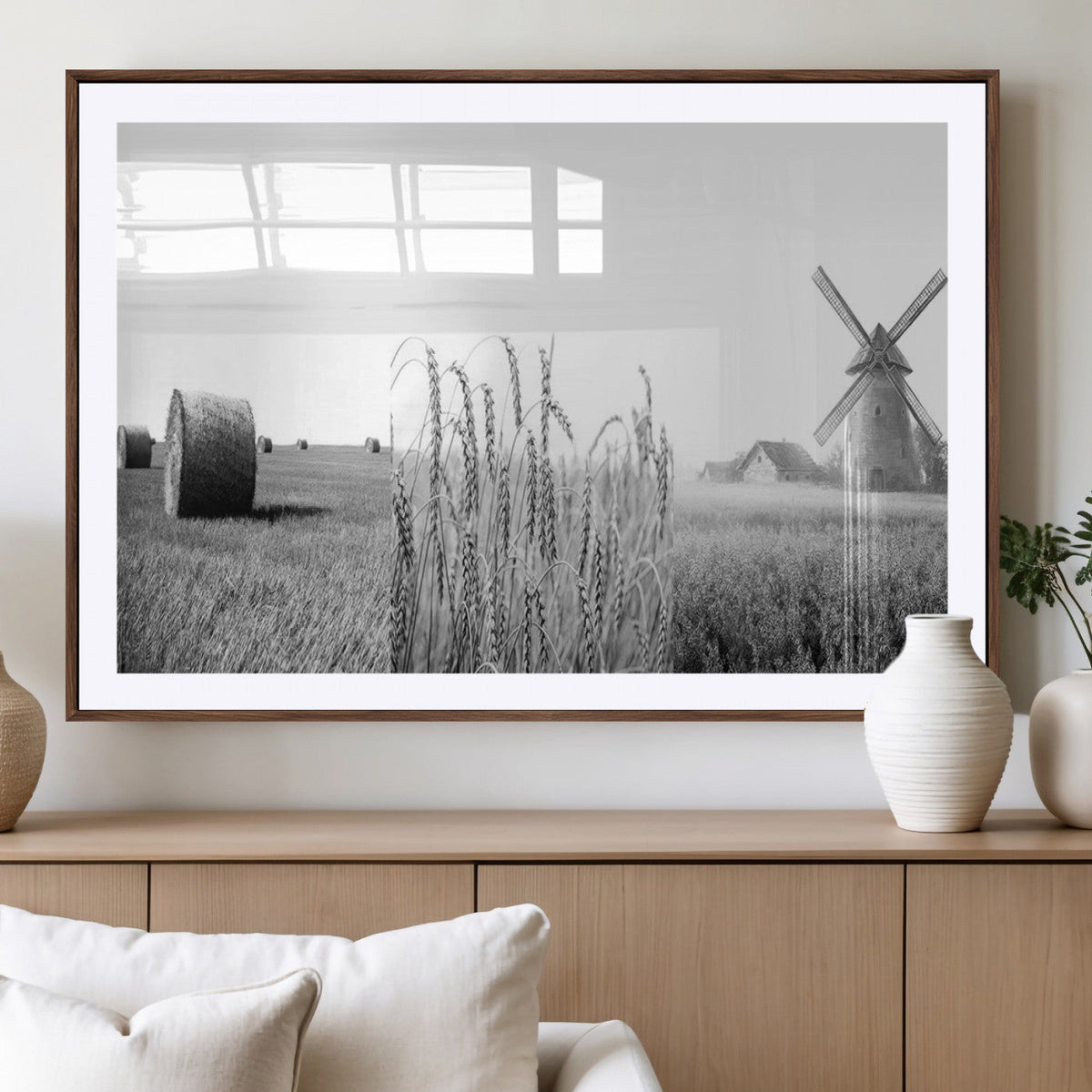 Vintage Farmhouse Black and White Triptych Wall Art, Giclee Canvas with Wheat Fields, Hay Bales and Windmill