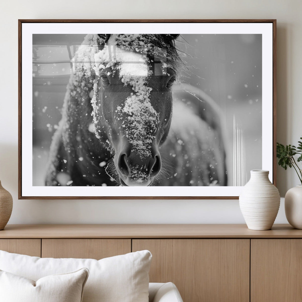 Black and White Horse Winter Wall Art, Ready to Hang