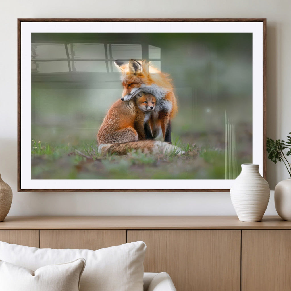 Heartwarming Fox and Baby Cub Wall Art | Canvas Print of Foxes in Nature
