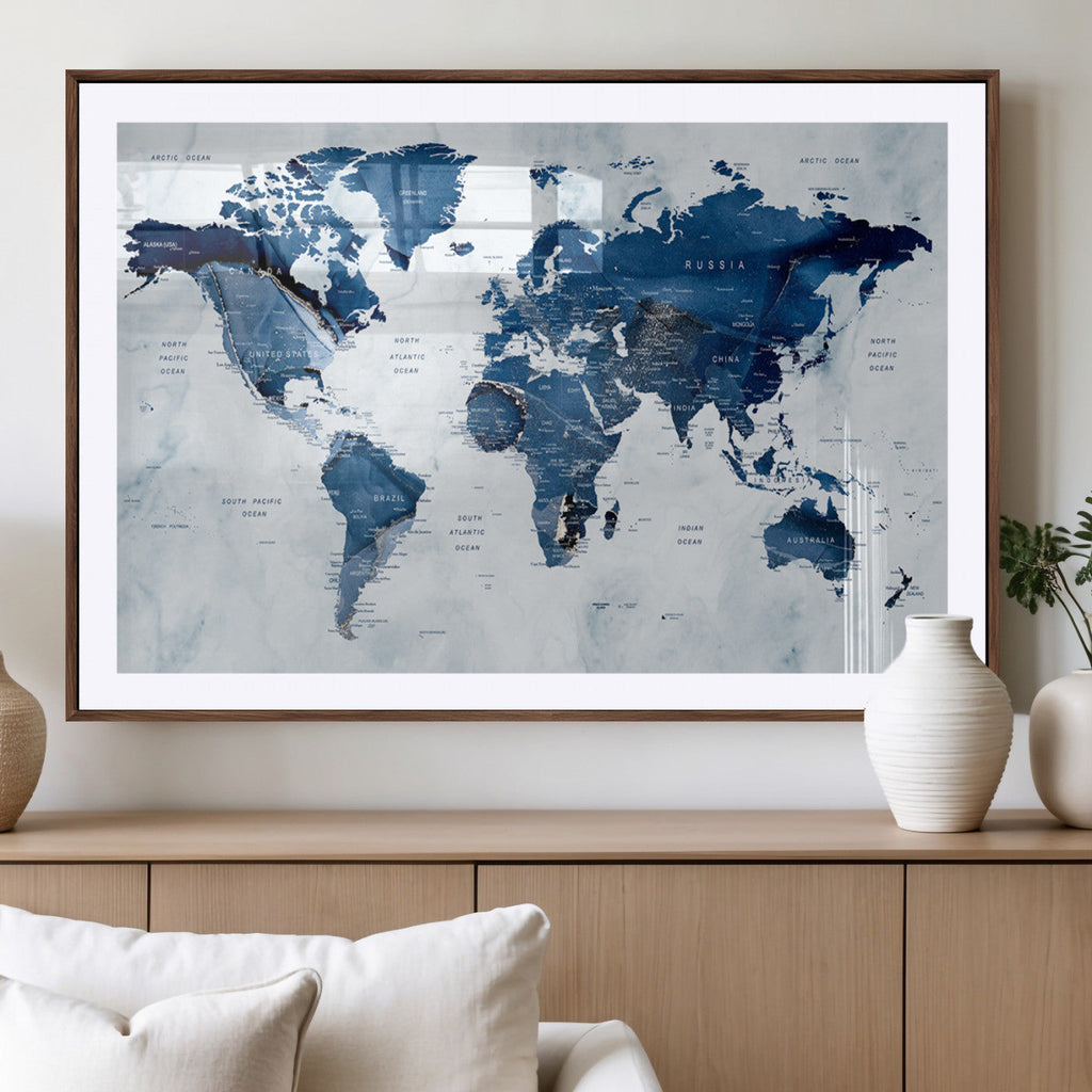 Modern Blue World Map Canvas Print | Elegant Travel Map Wall Art for Home Office