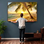 Beach Sunset Canvas Wall Art Print - Tropical Beach Canvas With Palm Trees