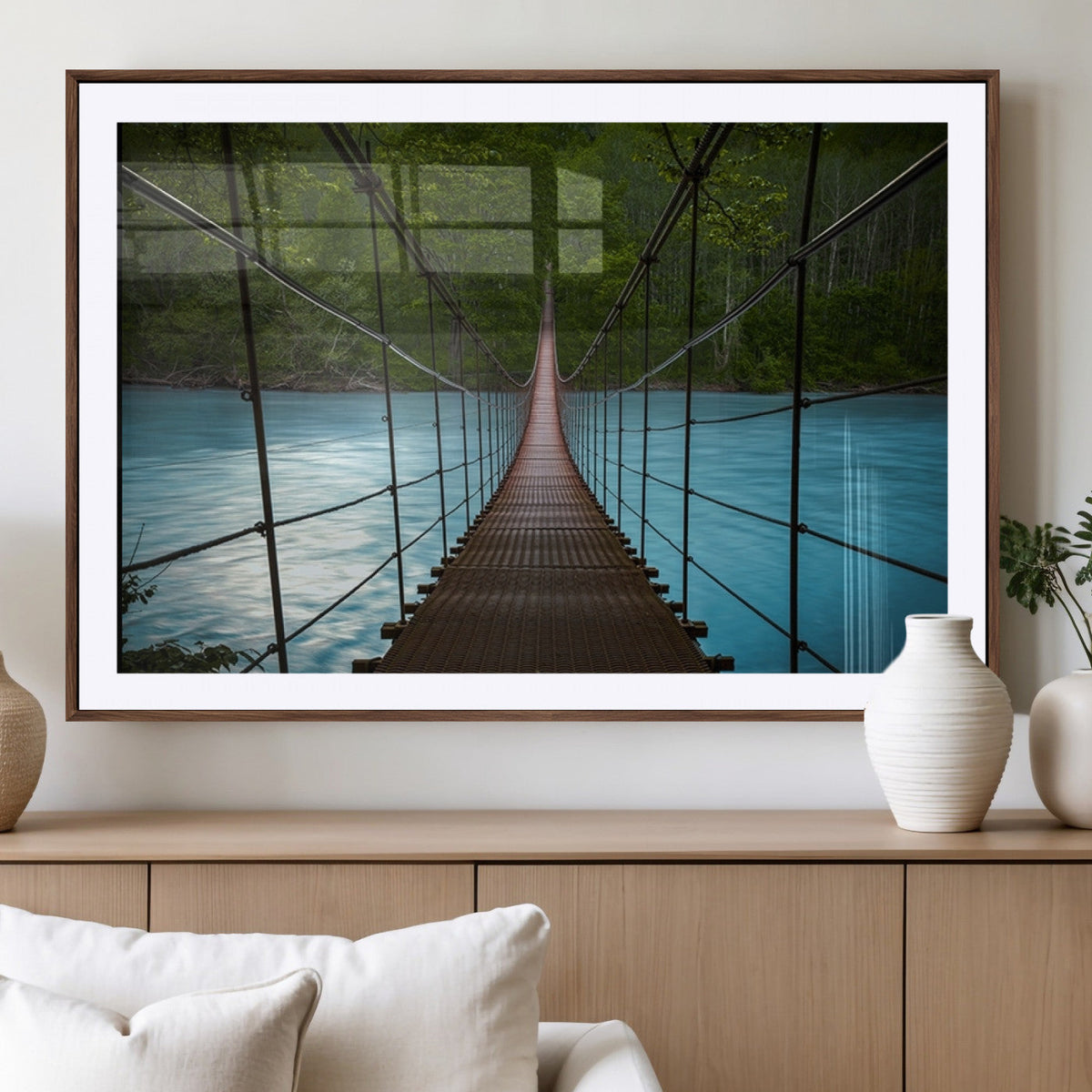 Suspension Bridge Over River Canvas Art | 3-Panel Nature Wall Art