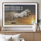 Large Wall Art Canvas Print, White Jumping Horse at Sunset