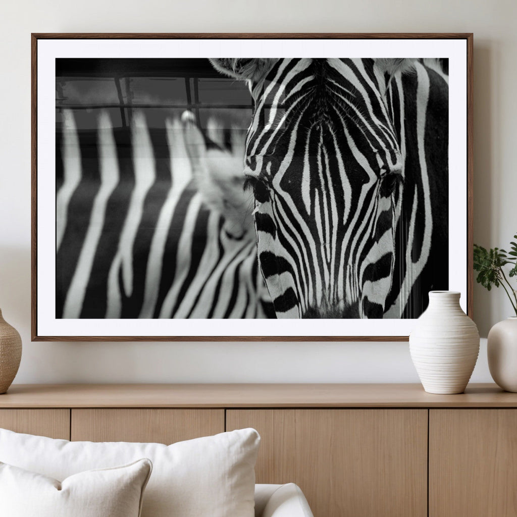 Zebra Wall Art | Zebra Close Up Canvas Print | Framed Black and White Wildlife