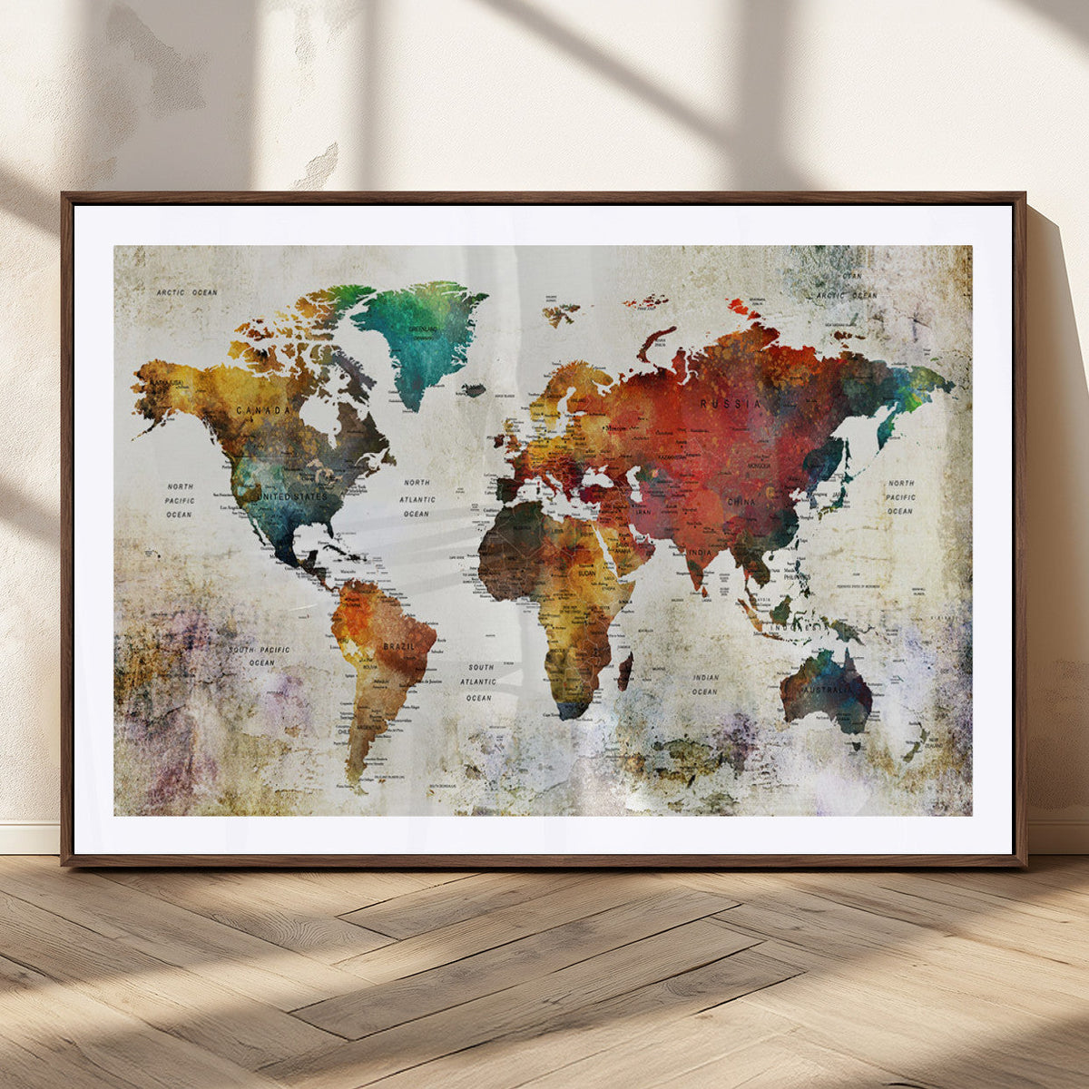 Watercolor World Map Canvas Print | Framed Travel Map Wall Art for Couples