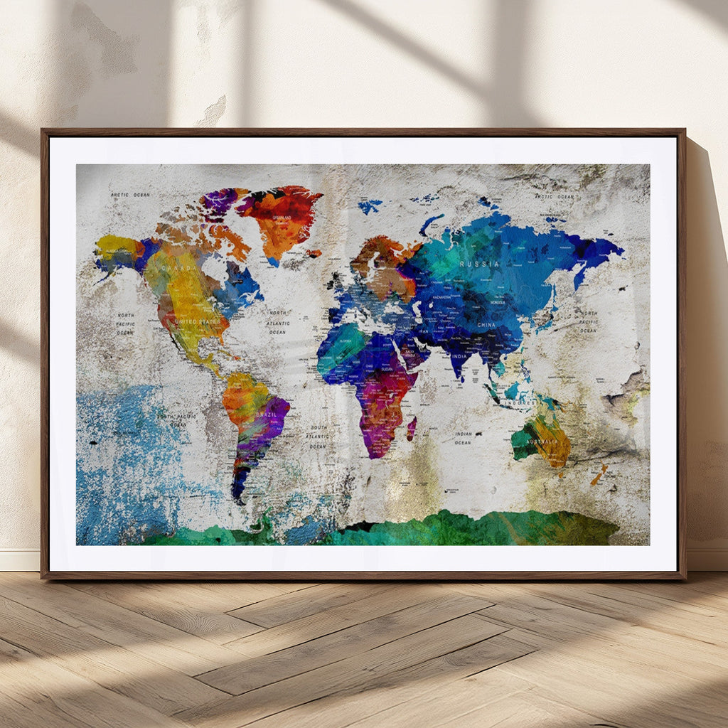 Navy Blue and Orange Watercolor World Map Canvas Print | Framed Travel Map