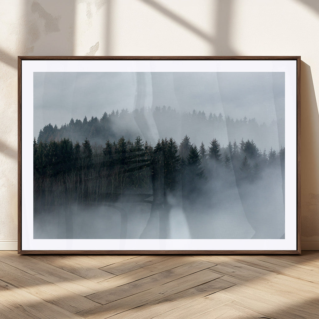 Autumn and Misty Trees in the Forest Wall Art Canvas Print, Foggy Forest Mountain Wall Art