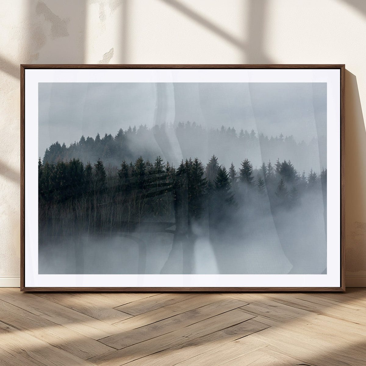 Autumn and Misty Trees in the Forest Wall Art Canvas Print, Foggy Forest Mountain Wall Art