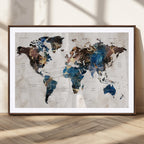 Abstract Earth Tone Blue World Map Canvas Print | Framed Travel Map Wall Art