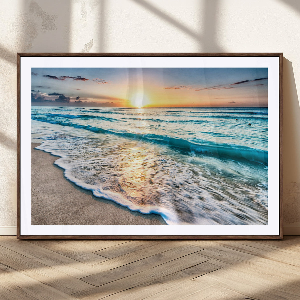 Sunset Beach Waves Canvas Wall Art | Ocean Sunset Coastal Print