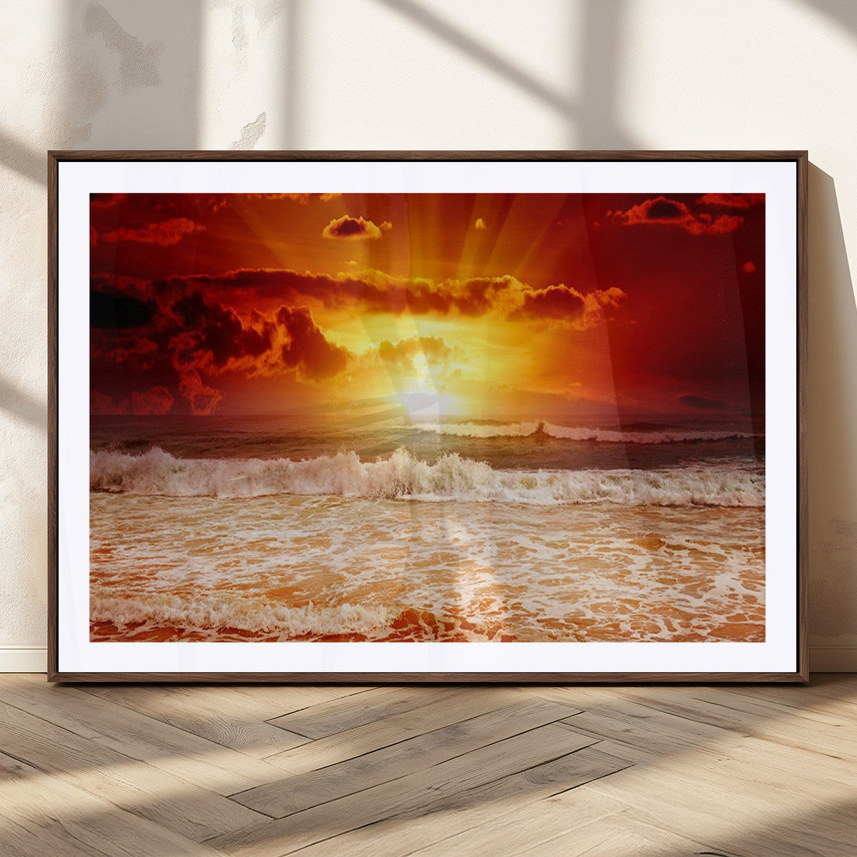 Red Sunset Ocean Beach Canvas Wall Art, Coastal Sunset Print