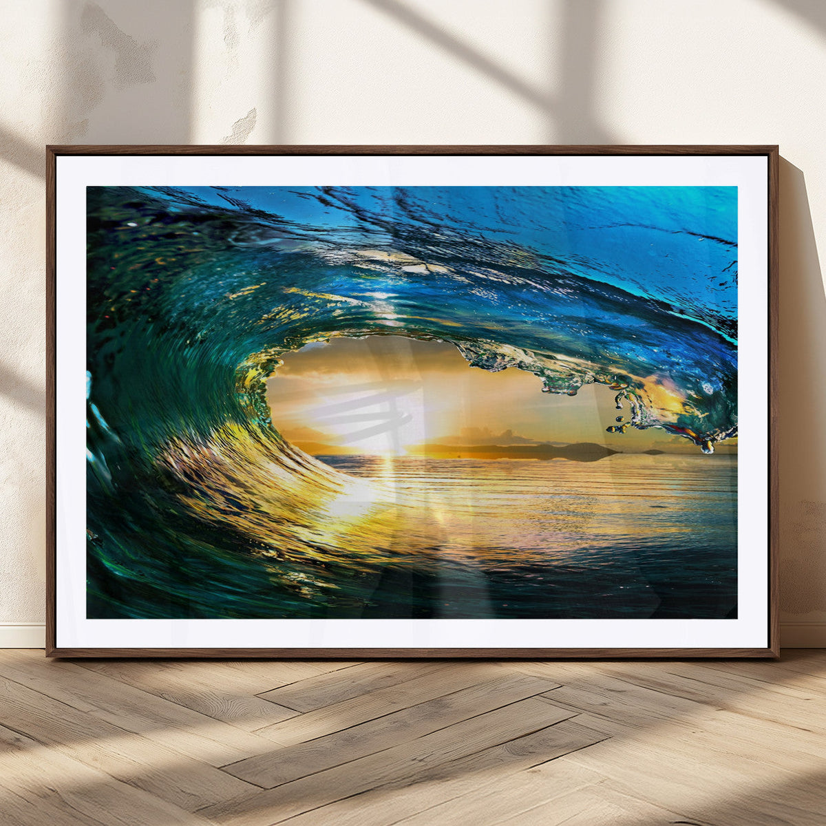 Ocean Wave at Sunset Canvas Art, Large Wall Print of Vibrant Surfing Wave