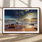 Golden Hour Beach Sunset Canvas Triptych, Ocean Waves and Rocks Wall Art