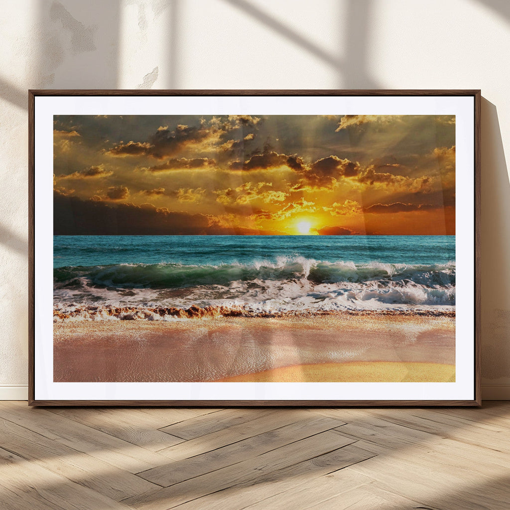 Golden Sunset Beach Canvas Wall Art | Triptych Seascape Print, Framed and Ready to Hang