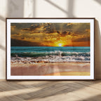 Golden Sunset Beach Canvas Wall Art | Triptych Seascape Print, Framed and Ready to Hang