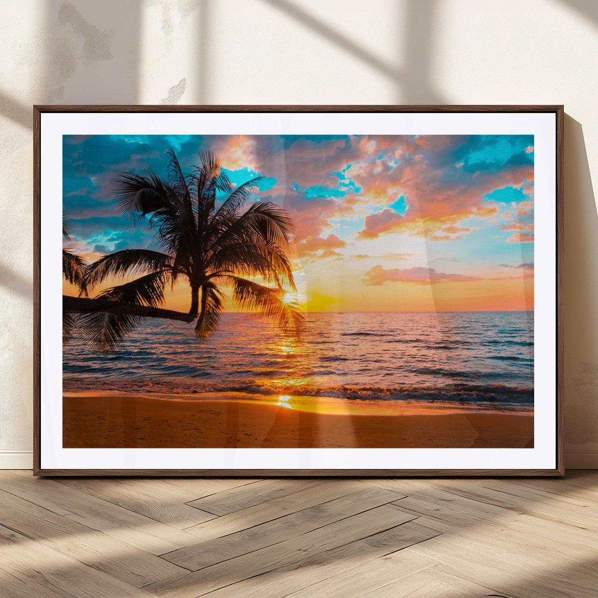 Palm Tree Sunset On The Beach Wall Art Canvas, Framed Palm Tree Sunset Canvas Print