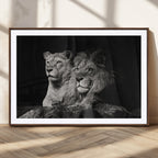 Lion Couple Wall Art Canvas Print, Elegant Black and White Wildlife Portrait