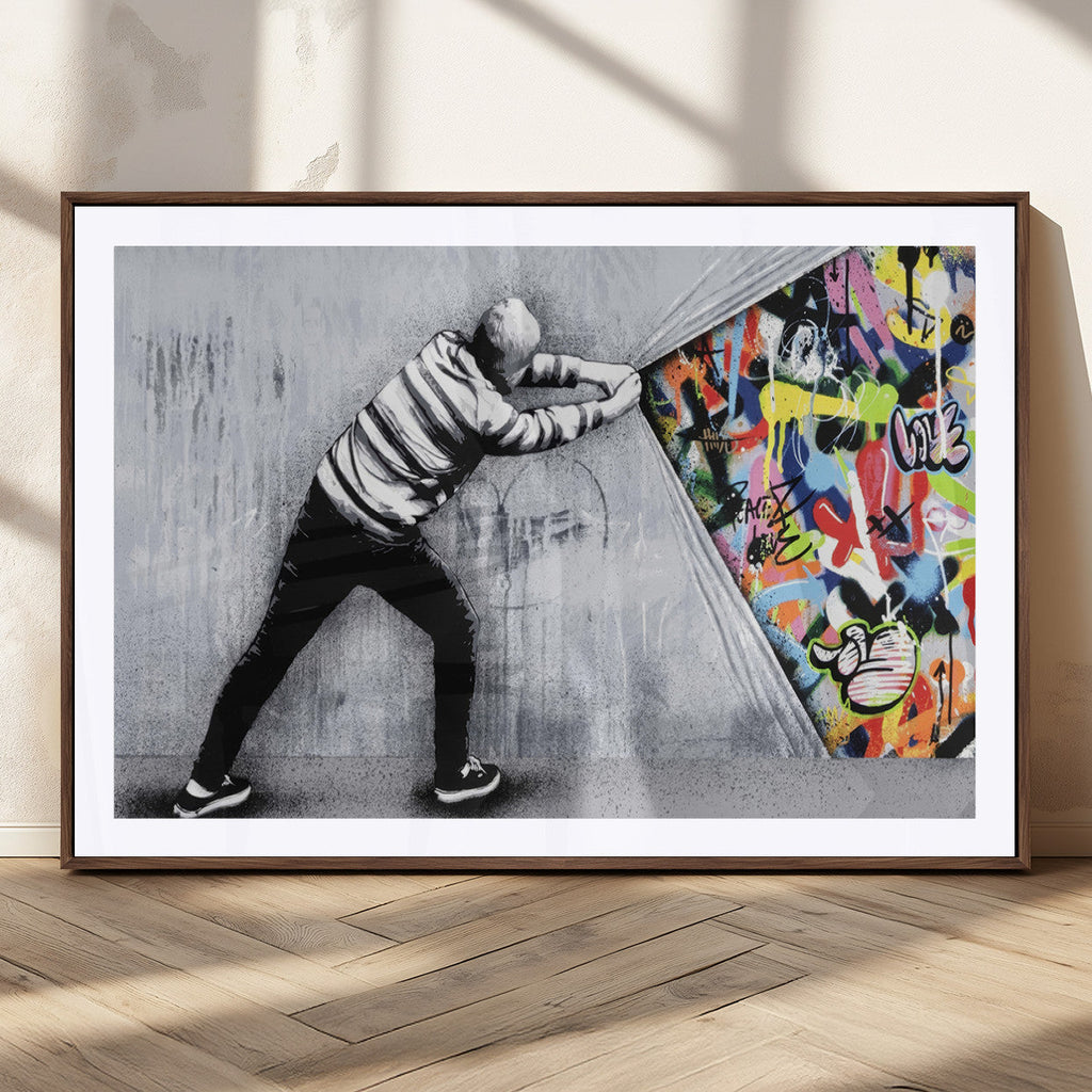Banksy Art Behind the Curtain Street Wall Art Canvas Print | Urban Graffiti Style Wall Decor