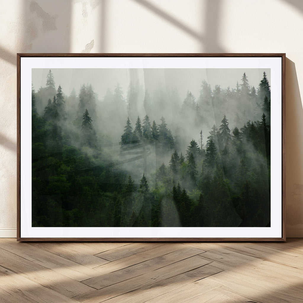 Misty Forest Wall Art | Tranquil Green Woodland Canvas Print