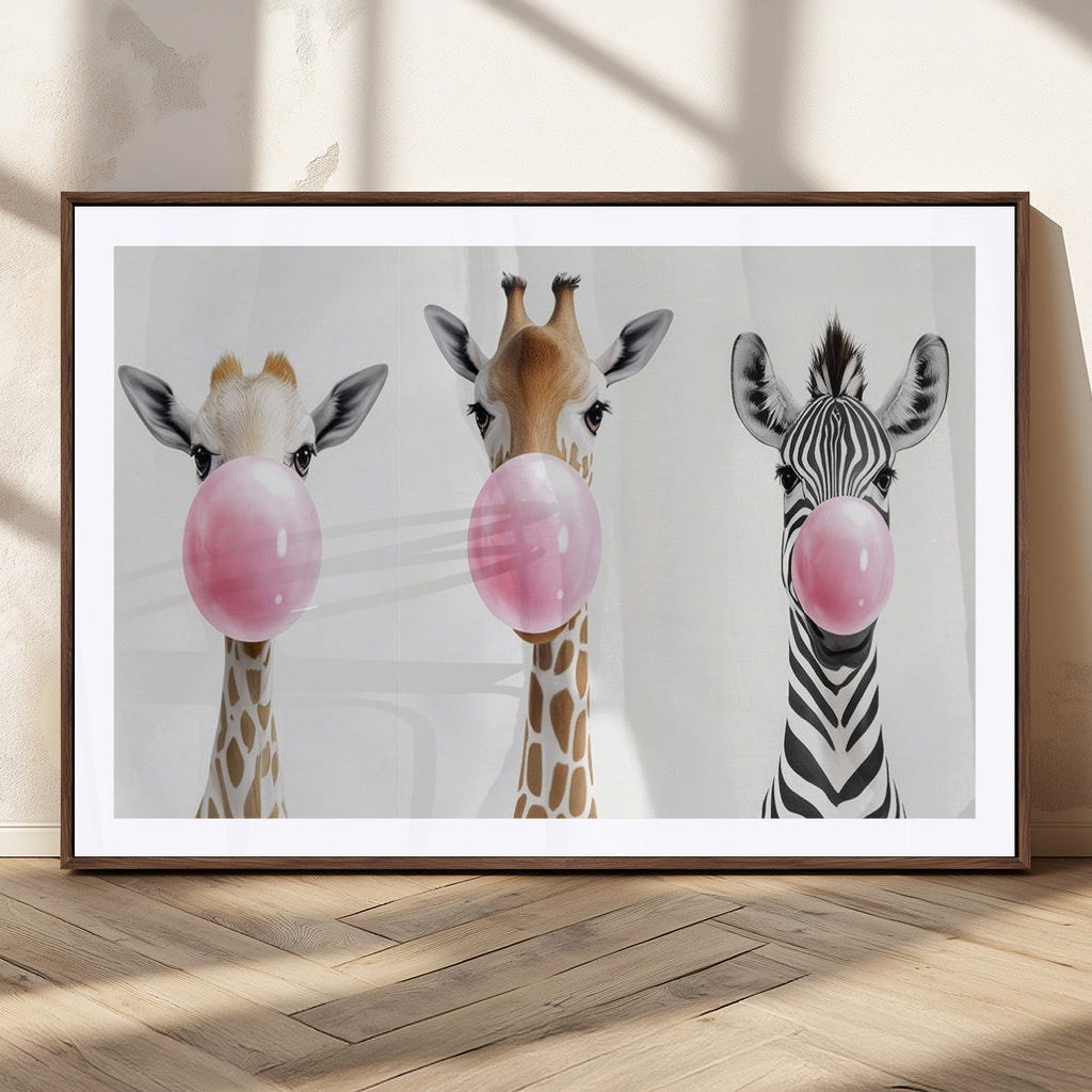Bubblegum Animals Canvas Wall Art, Playful Giraffe and Zebra Trio, Whimsical Nursery and Kids Room Decor