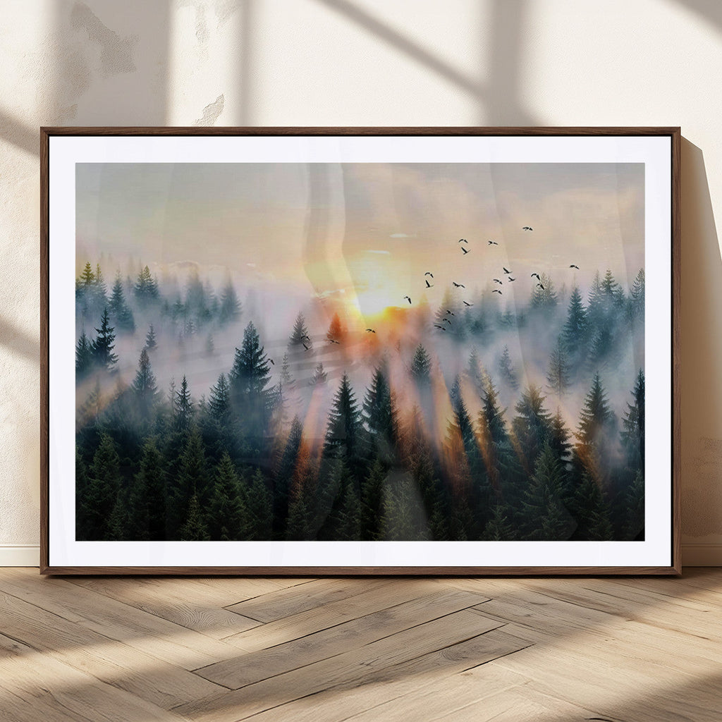 Abstract Forest Wall Art, Serene Nature Canvas Print with Misty Forest Design for Modern Home Decor