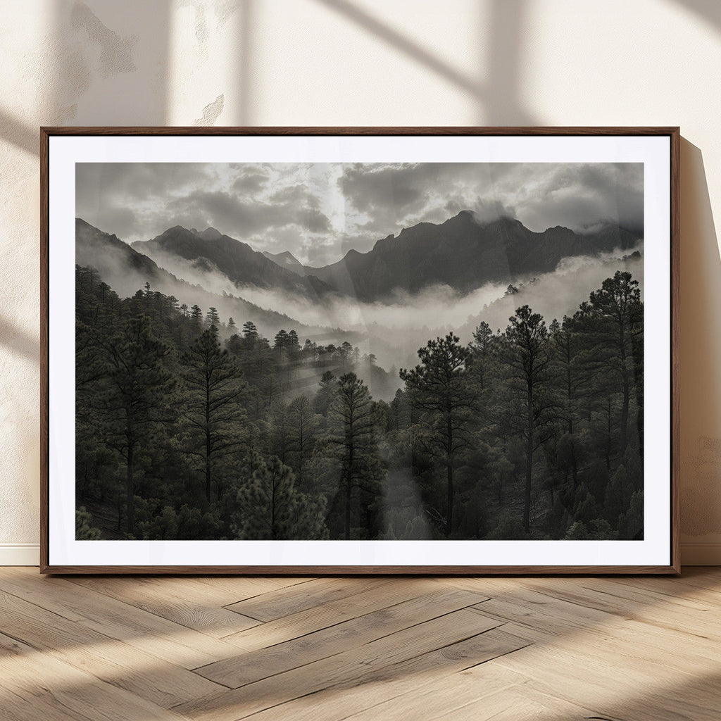 Moody Forest Wall Art | Framed Mountain Fog Canvas Artwork