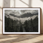 Moody Forest Wall Art | Framed Mountain Fog Canvas Artwork