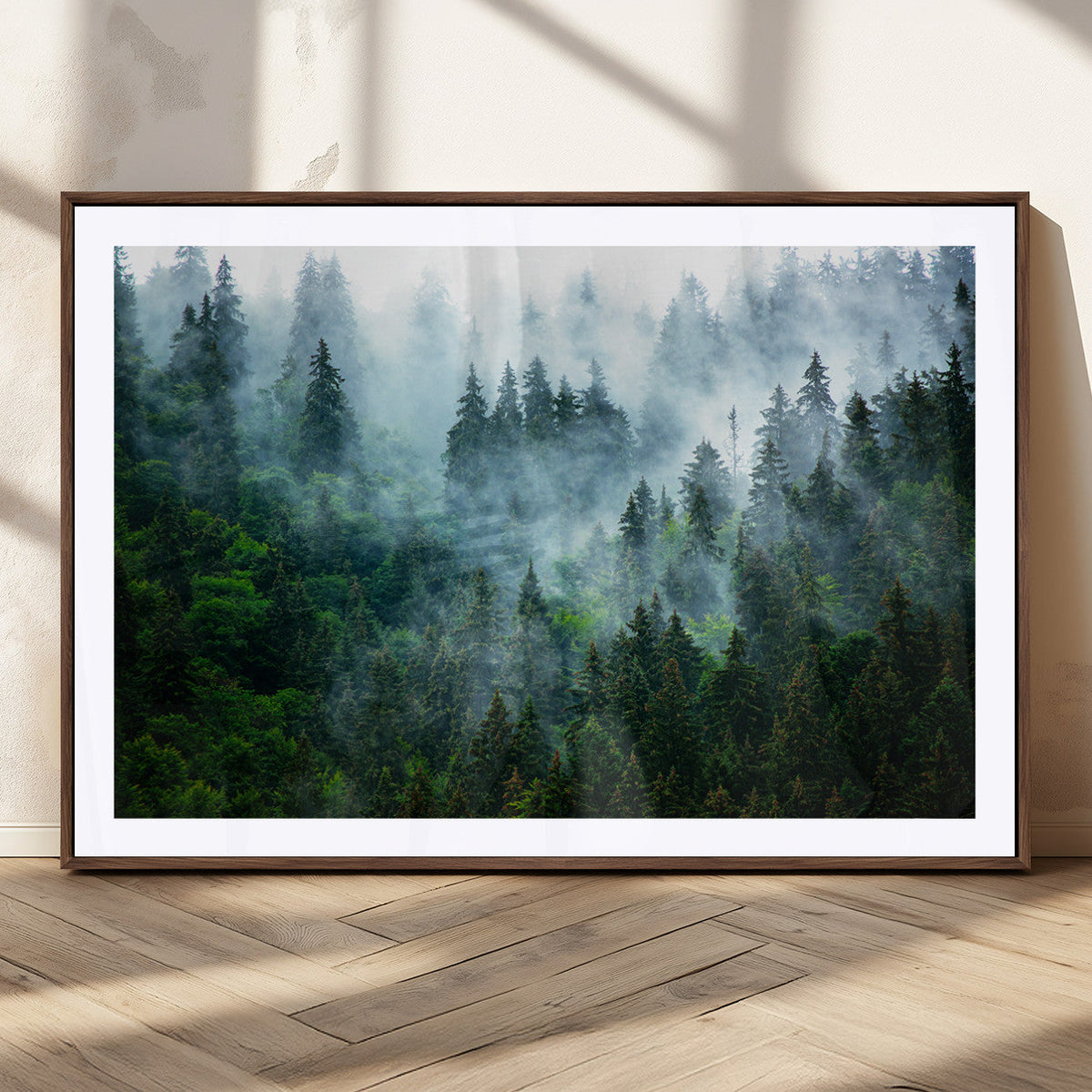 Misty Forest Wall Art Canvas Print, Framed Foggy Mountain Art, Large Scenic Woodland Canvas