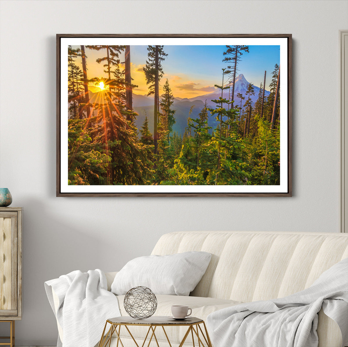 Forest Sunset Wall Art Canvas Print | Green Pines in Golden Light