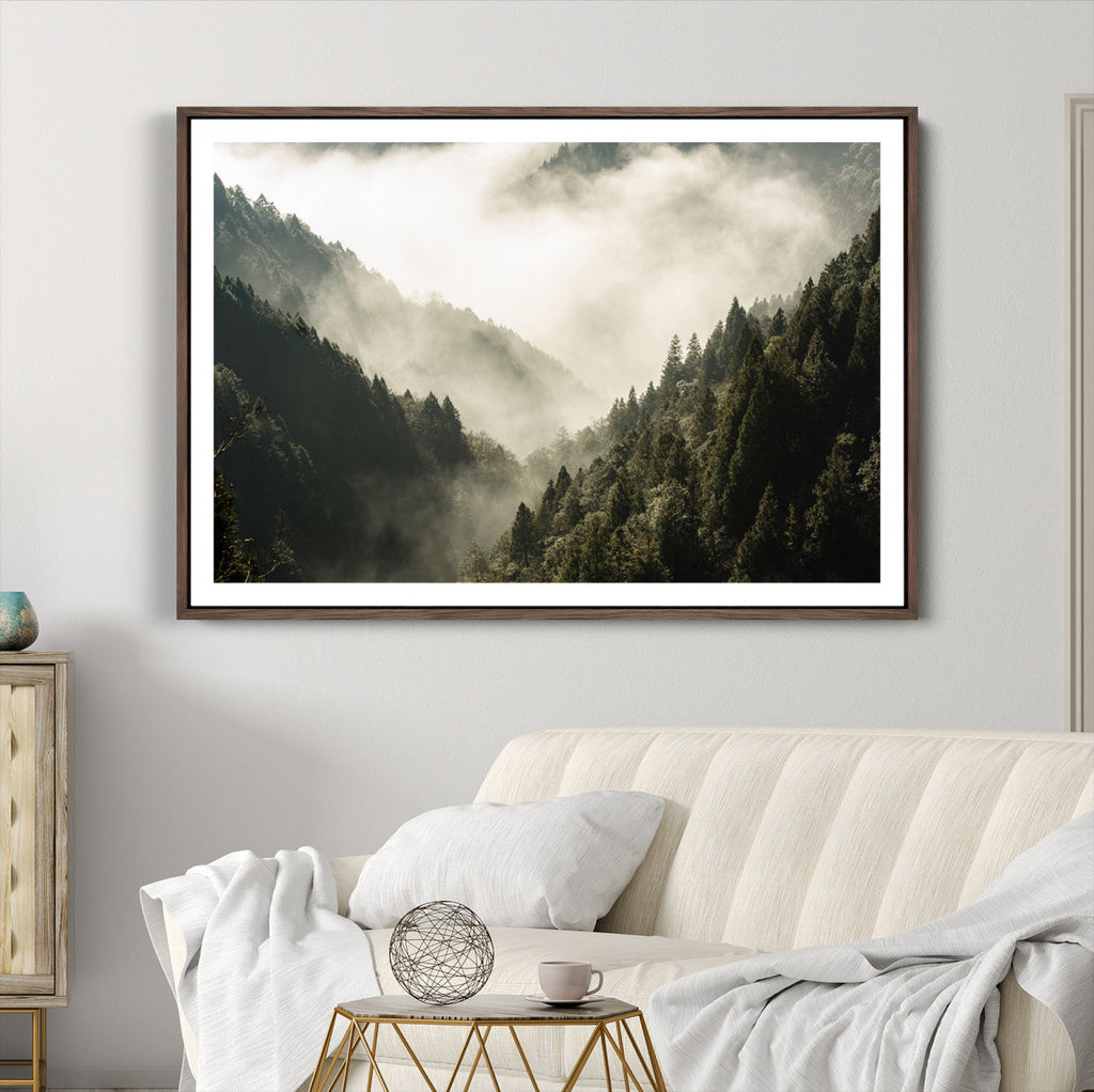 Misty Valley Wall Art Canvas Print | Foggy Forest and Pine Trees