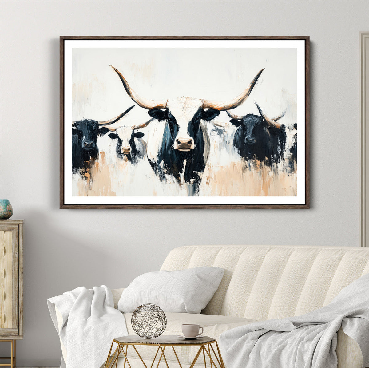 Texas Longhorn Wall Art Canvas Print | Majestic Horned Bull in Black and White