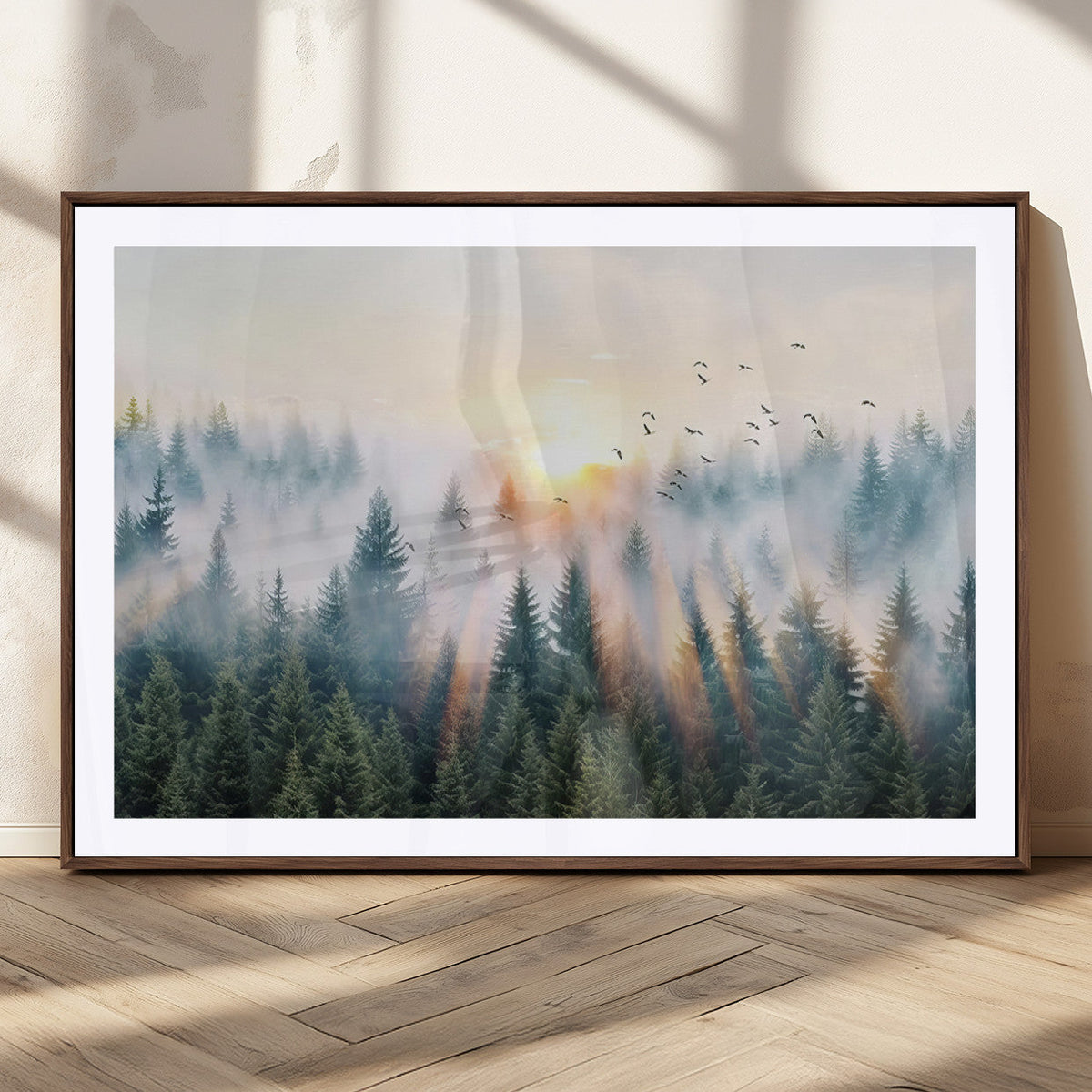 Misty Pine Forest Wall Art Canvas, Sunrise Over Foggy Trees